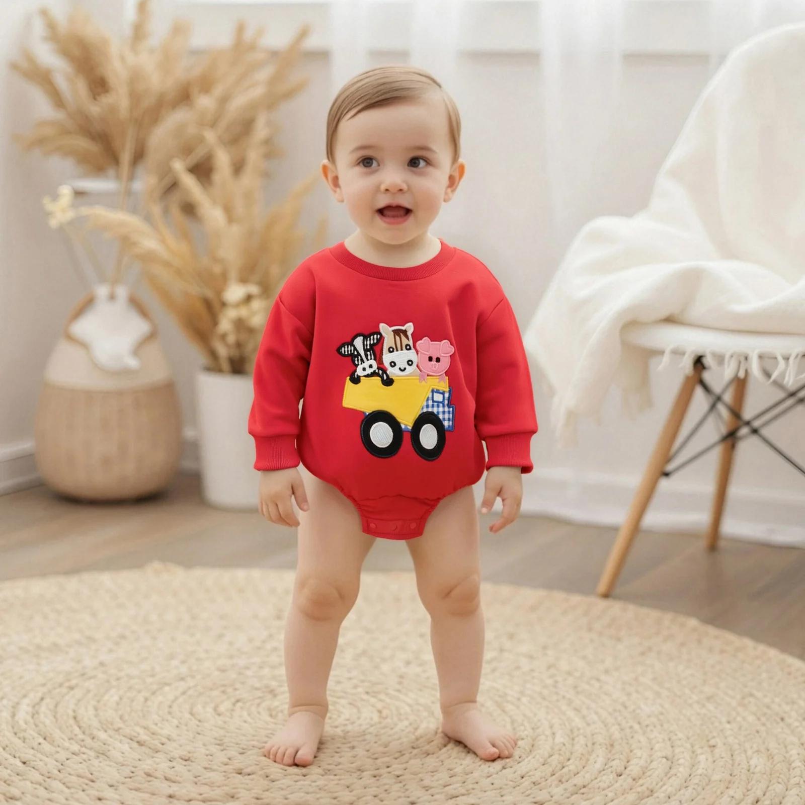 

Baby Girls Boys Rompers Fashionable Animal Embroidery Round Neck Long Sleeve Jumpsuits