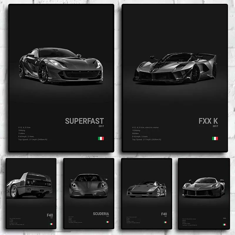 Pop Black and White Italy Cars Luxury Super Sport Car Poster Aesthetic F40 GTO GTB Canvas Print For Wall Art Garage Room Decor