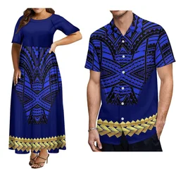 2024 Summer Samoan Women'S Crew Neck Long Dress Big Polynesian Design Party Dress With Hawaiian Men'S Shirt