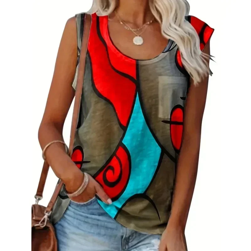 Moda damska plus size 1XL-8XL, bezrękawniki damskie z nadrukiem colorblock, codzienne letnie topy na ramiączkach z okrągłym dekoltem. — zdjęcie 2