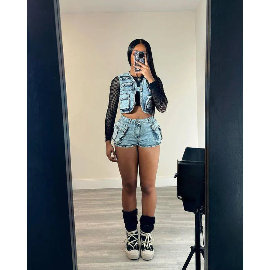 Denim Jackets Coats Summer Two Piece Pant Sets Biker Shorts Suits Sets Cropped jean Jackets Tracksuit Sexy Outfits Y2K Fashion