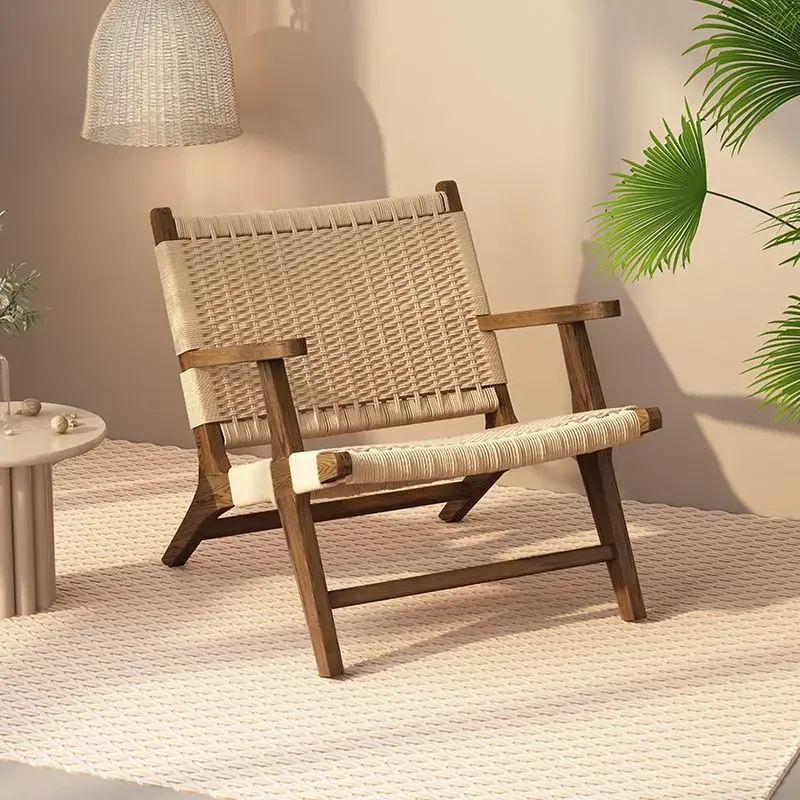 

Rope-woven Solid Wood Single Sofa Chair Nordic Balcony Leisure Chair Japanese-style Wabi-sabi Wind Small Apartment Backrest Lazy