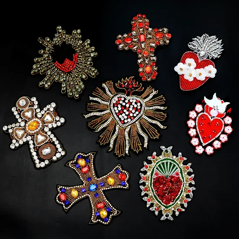 Handmade Rhinestone Beaded Patches Large Heart Cross Sewing on Patch for Clothing DIY Applique Decorative Clothes Bag Accessory