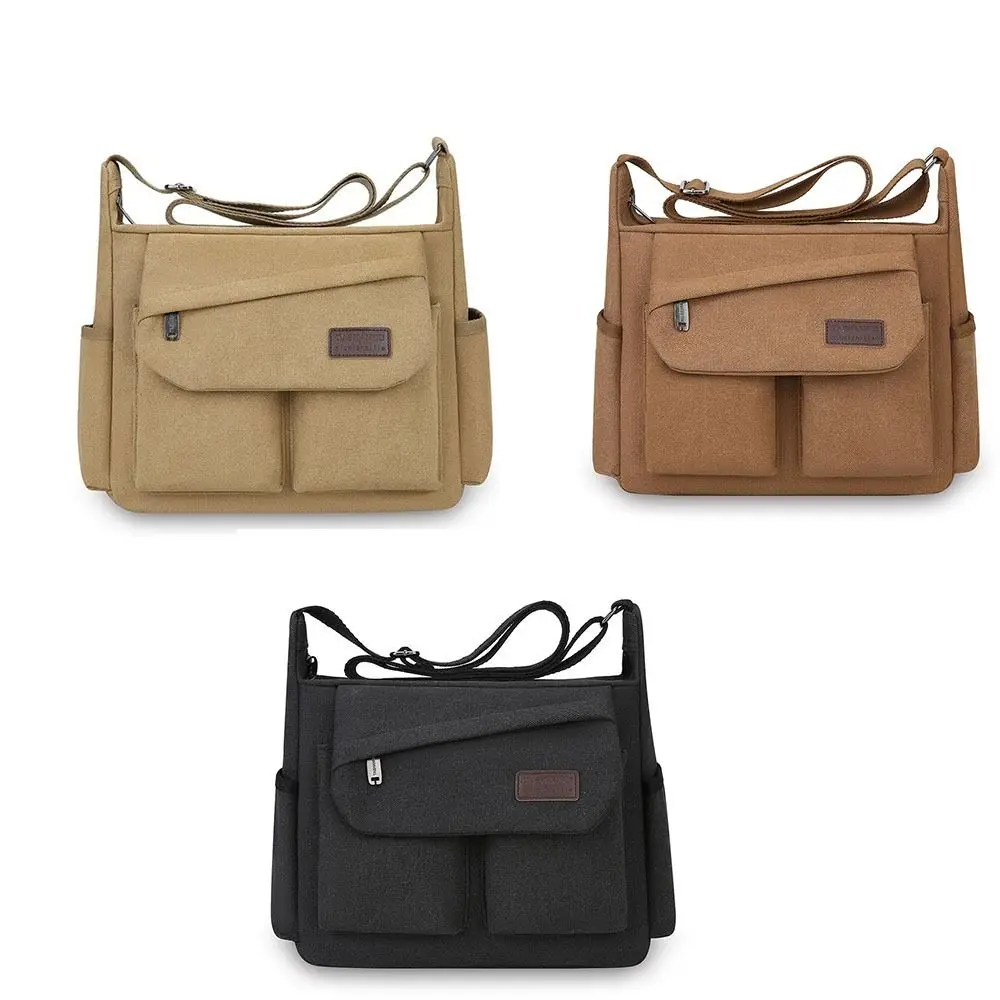Borsa a tracolla in tela da uomo di grande capacità Borsa a tracolla multitasca in stile coreano con cerniera Borsa a tracolla in tinta unita da lavoro
