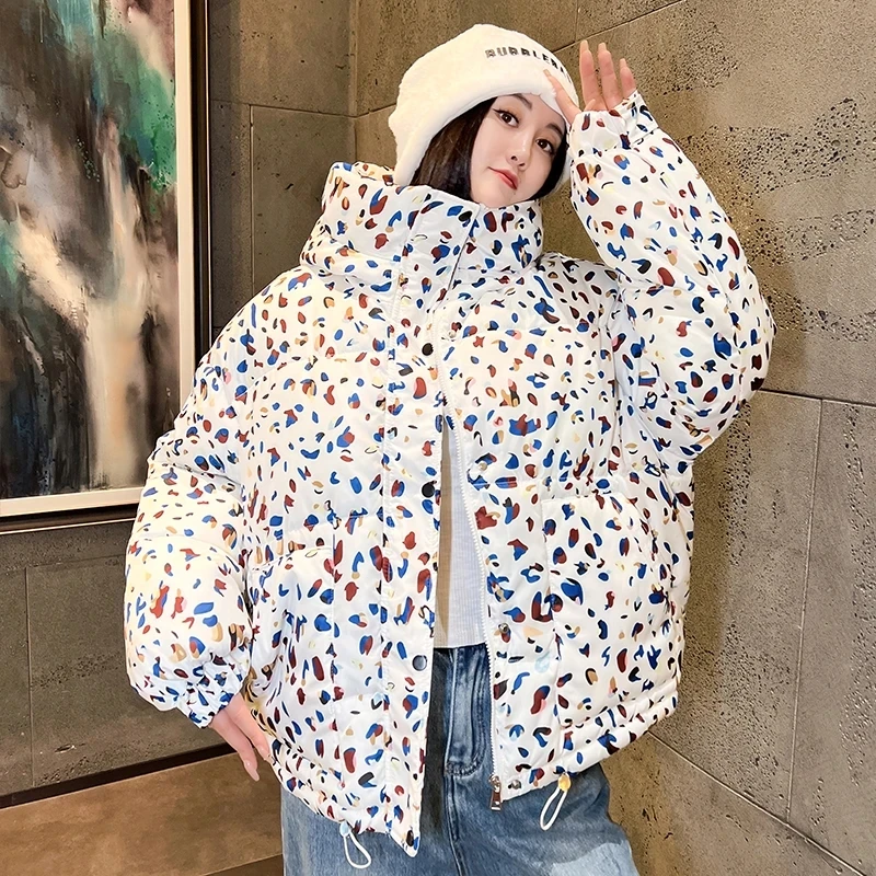 

2025 New Women Printing Cotton Coat Women Loose Warm Thicken Cotton Padded Jacket Korean Women Hooded Bread Coat Women Outwear