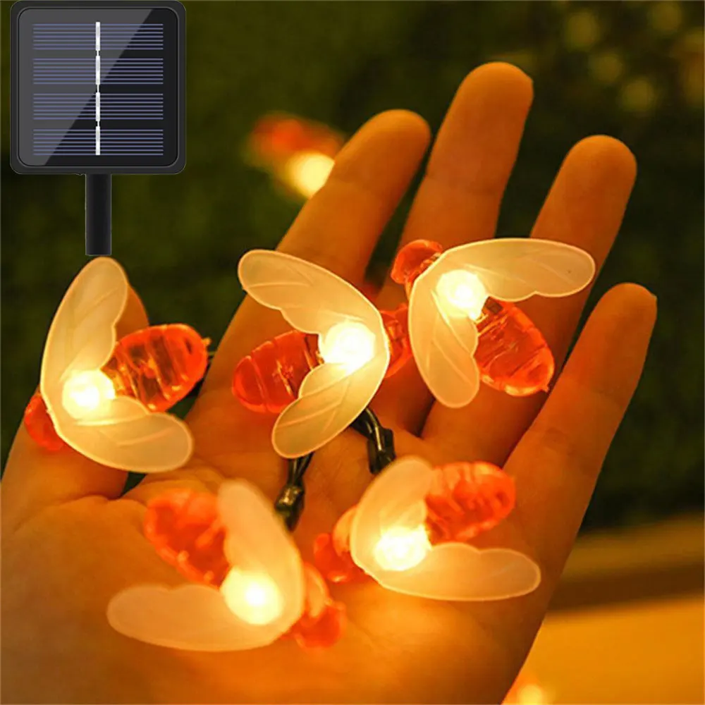 New Solar Powered 20/50/100leds Cute Honey Bee Led String Fairy Light Bee Outdoor Garden Fence Patio Wedding Garland Lights
