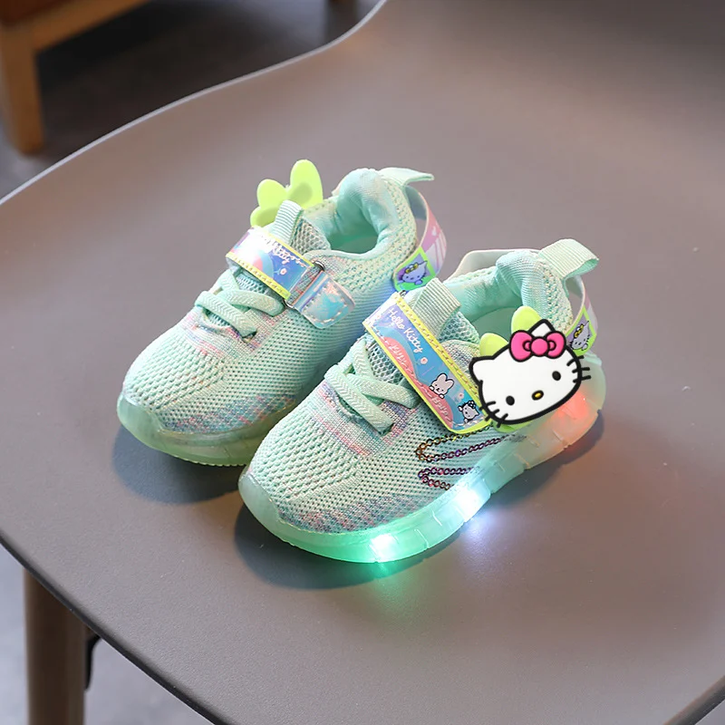

Нескользящая мягкая повседневная обувь hello kitty для мальчиков и девочек с подсветкой, кроссовки со светодиодной подсветкой Sanrio, детские кроссовки с рисунком