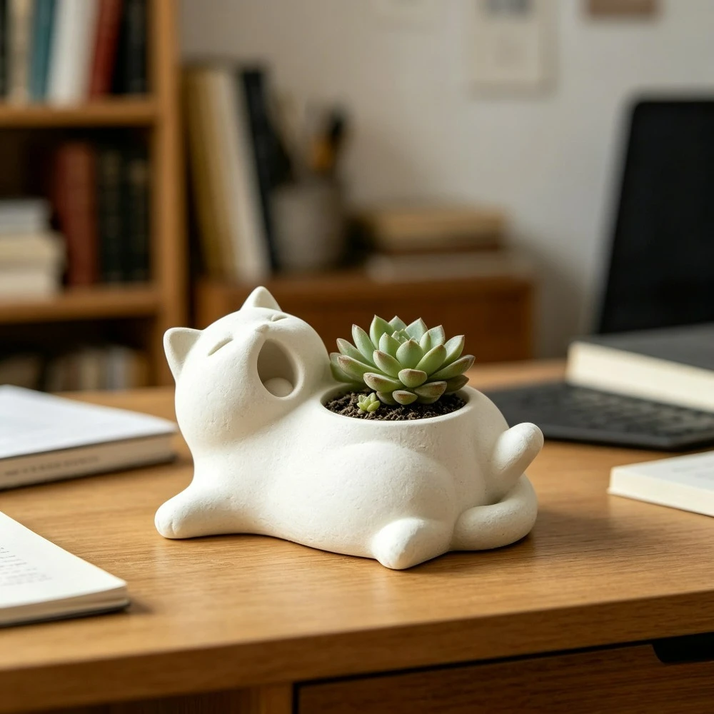 3D Printed Lazy Yawning Cat Shape Planter Mini Succulent Flower Pot Home Desk Bookshelf Tabletop Decor Earrings rings storage