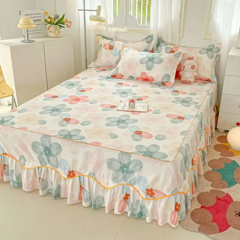 Botanical Print Bedskirt with Anti-Slip Design Single Piece Mattress Cover for All Seasons Home Decor‌