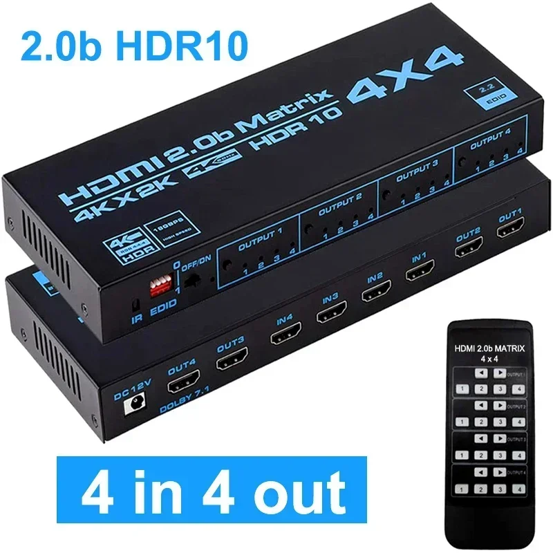 

4K HDMI Matrix Switch 4 in 4 Out 4K 60Hz True Matrix HDMI Switcher Splitter 4x4 Audio Video Converter Support HDR EDID HDCP 2.2