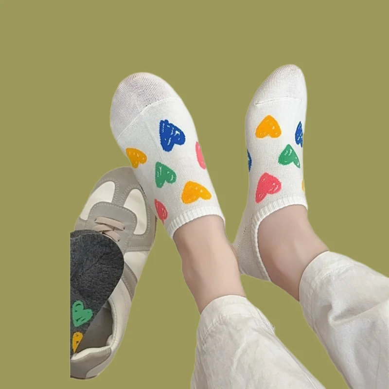 5/10 Pairs 2024 New Women's Summer Thin Boat Socks Colorful Graffiti Love Silicone Non-falling Heel Pure Cotton Invisible Socks