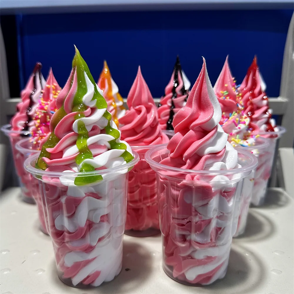 9oz Pink Enthusiast Strawberry Sweet Candy Mixed Original Coconut White Ice Cream Model Transparent Cup Sundae Soft Serve Snacks