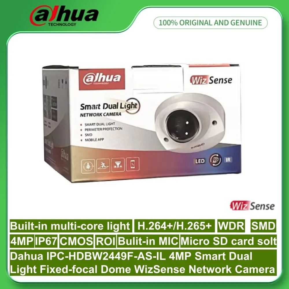 

Dahua IPC-HDBW2449F-AS-IL 4MP Smart Dual Light Fixed-focal Dome WizSense Network PoE Camera Micro SD card Solt Built in Mic IK10
