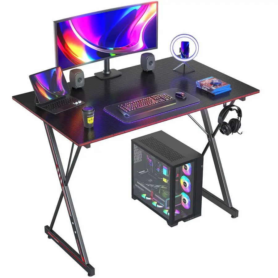 

Gaming Desk 47 Inch PC Computer Desk, Carbon Fiber Home Office Desk Table Gamer Workstation, Simple Game Table with Headphone H