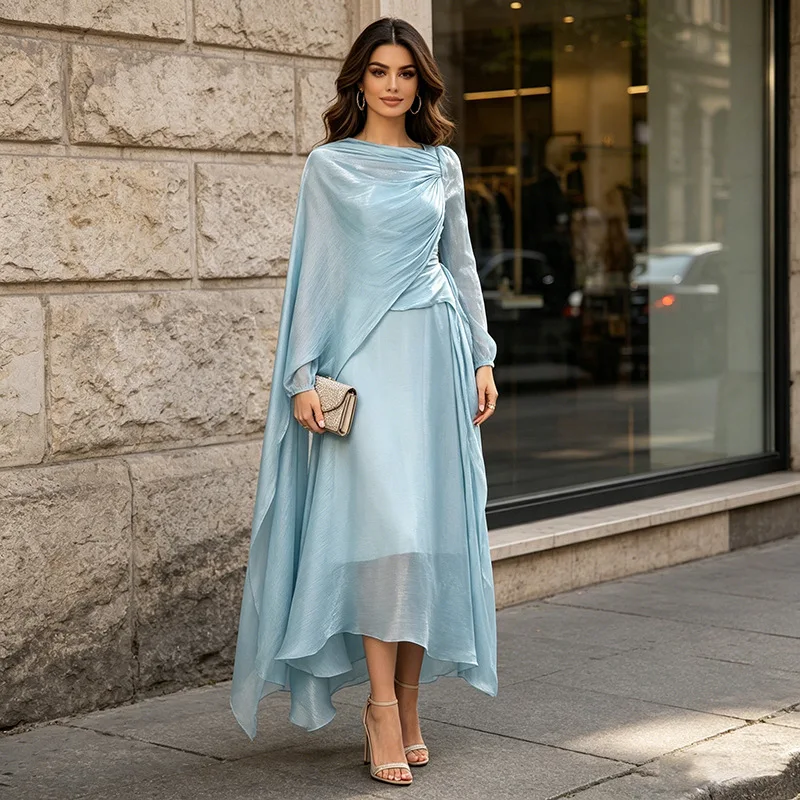 ZAMOR Luxury Shiny Thread Waist-Defined Asymmetric Light Blue Cape Evening Dress, 2026 Summer New Women's Gown