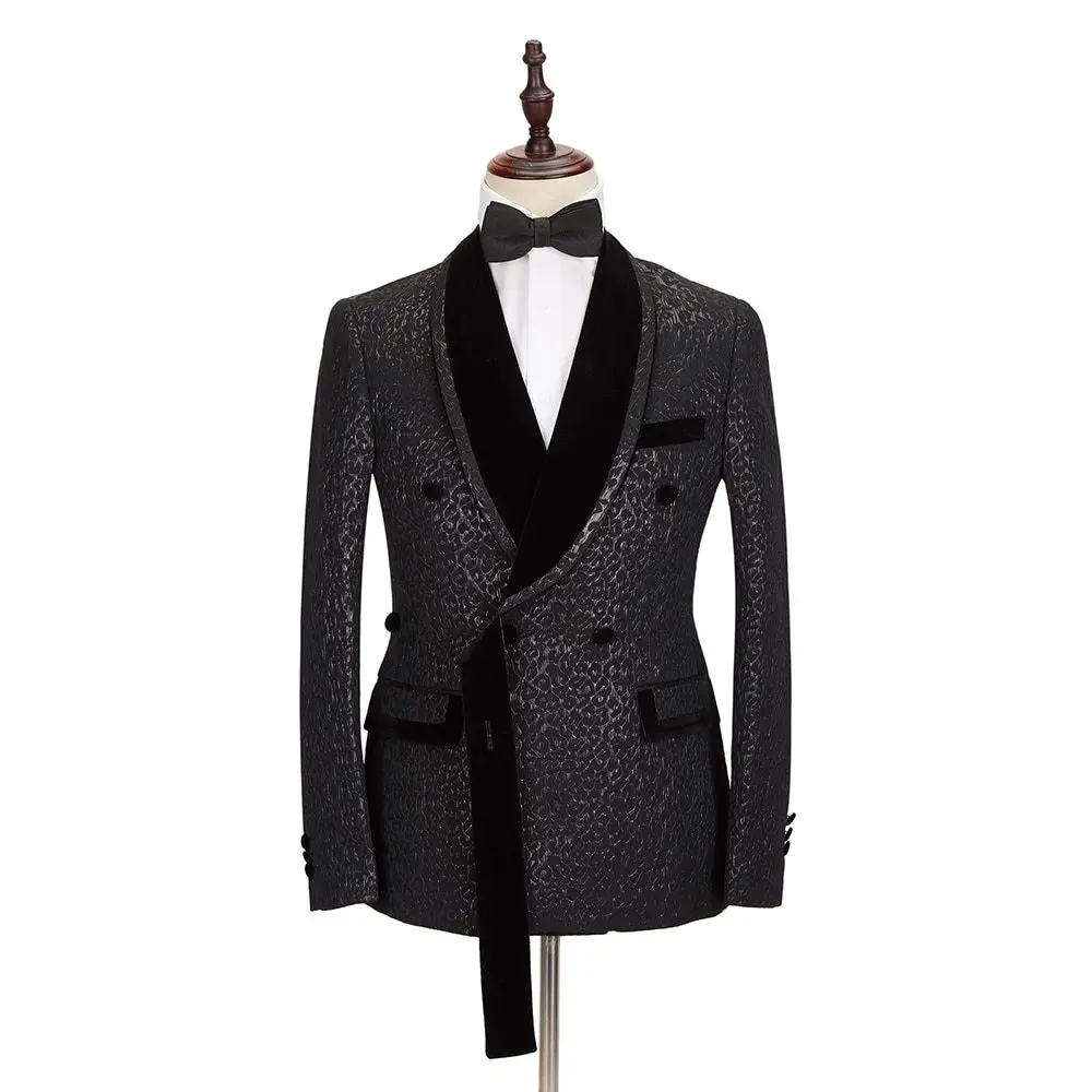 

Black Jacquard Men' s Suit 2 Pieces Blazer Pants Tuxedo One Button Velvet Lapel Gentle Business Modern Wedding Groom Tailored