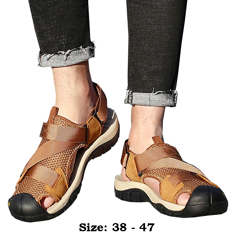 

High quality leather flat sandals for men round toes new summer 2024 size 45 46 casual outdoor walking big size shoe black brown