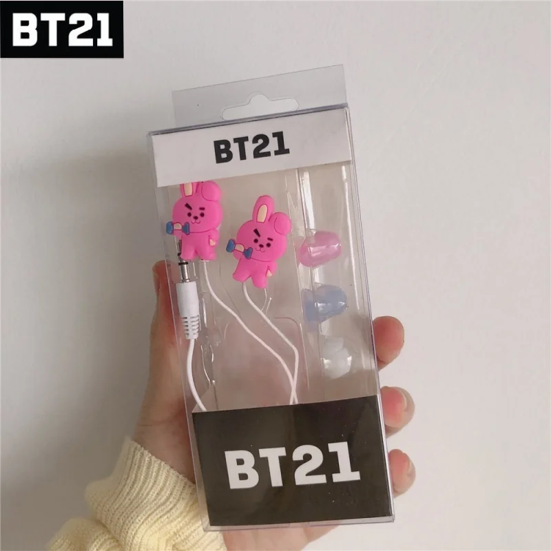 NEW BT21 Popular Anime Tata Cooky Koya Earphone Wired 1M In-Ear Sport Music Headphone with Mic Cute Cartoon Gaming Headset Gift