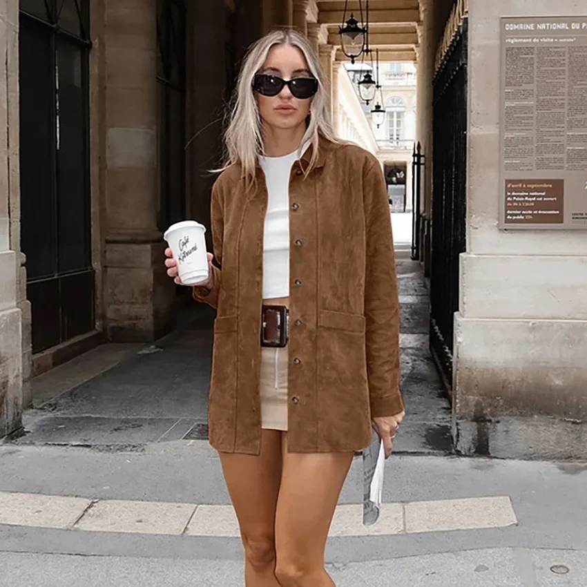 Suede Jacket Women Streewear Spring Autumn Oversized Brown Jacket Shirt Cardigan Midi Coat Outerwear Vintage Women‘s Clothes