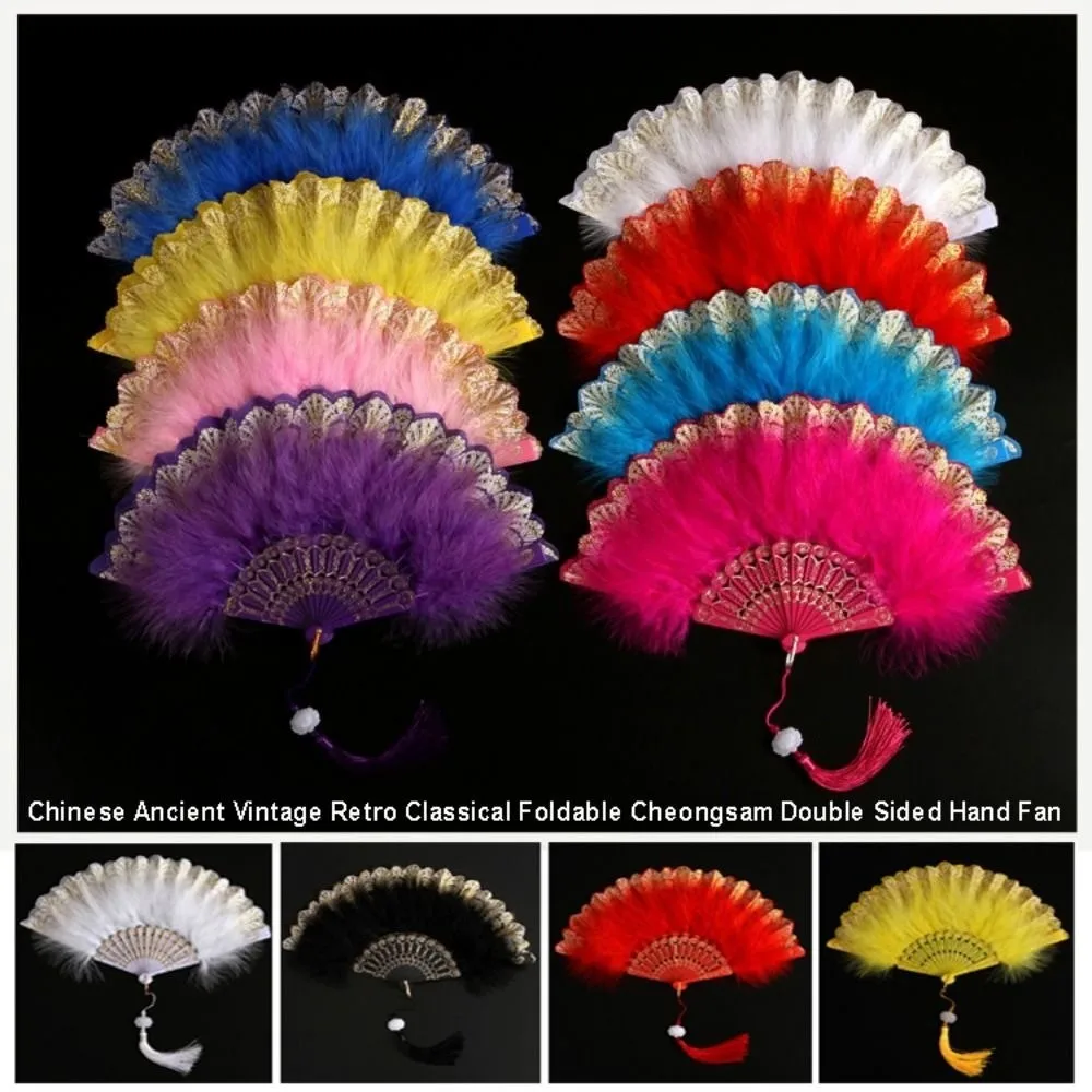 Chinese Ancient Style Foldable Cheongsam Hand Fan Double Sided with Plastic Fan Bone Fur Women's Fashion Show Fan