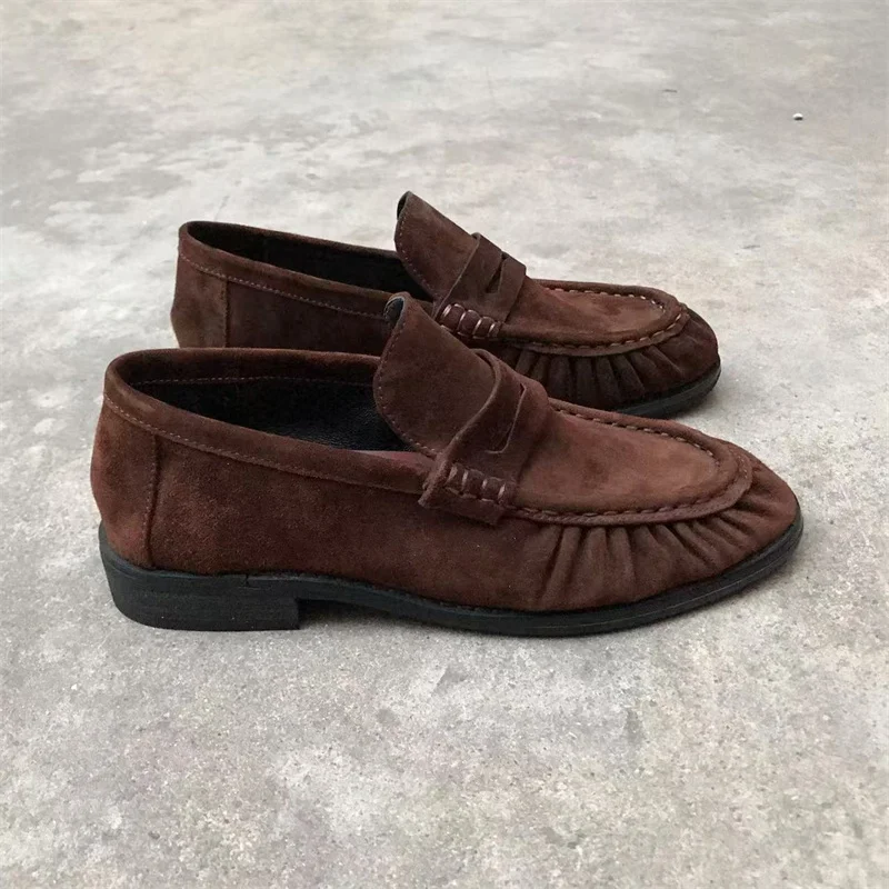 French Retro Style Women Slip on Loafers Pure Handmade Calf Leather Flat Shoes Wear Resistant Rubber Sole Casual Footweargl