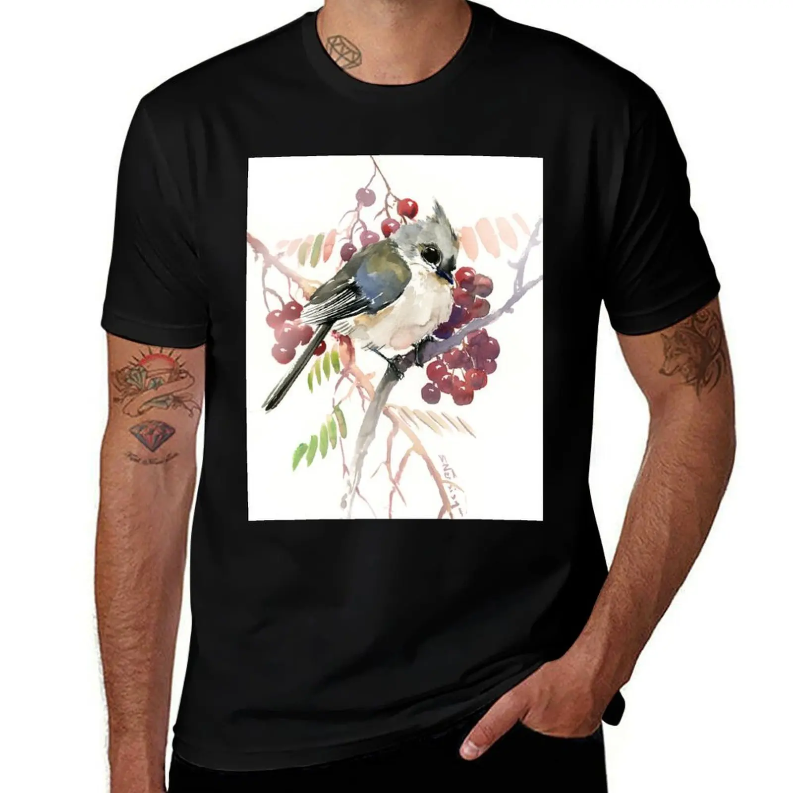 Titmouse and Berries T-Shirt Lightweight Sport Basic T-Shirt