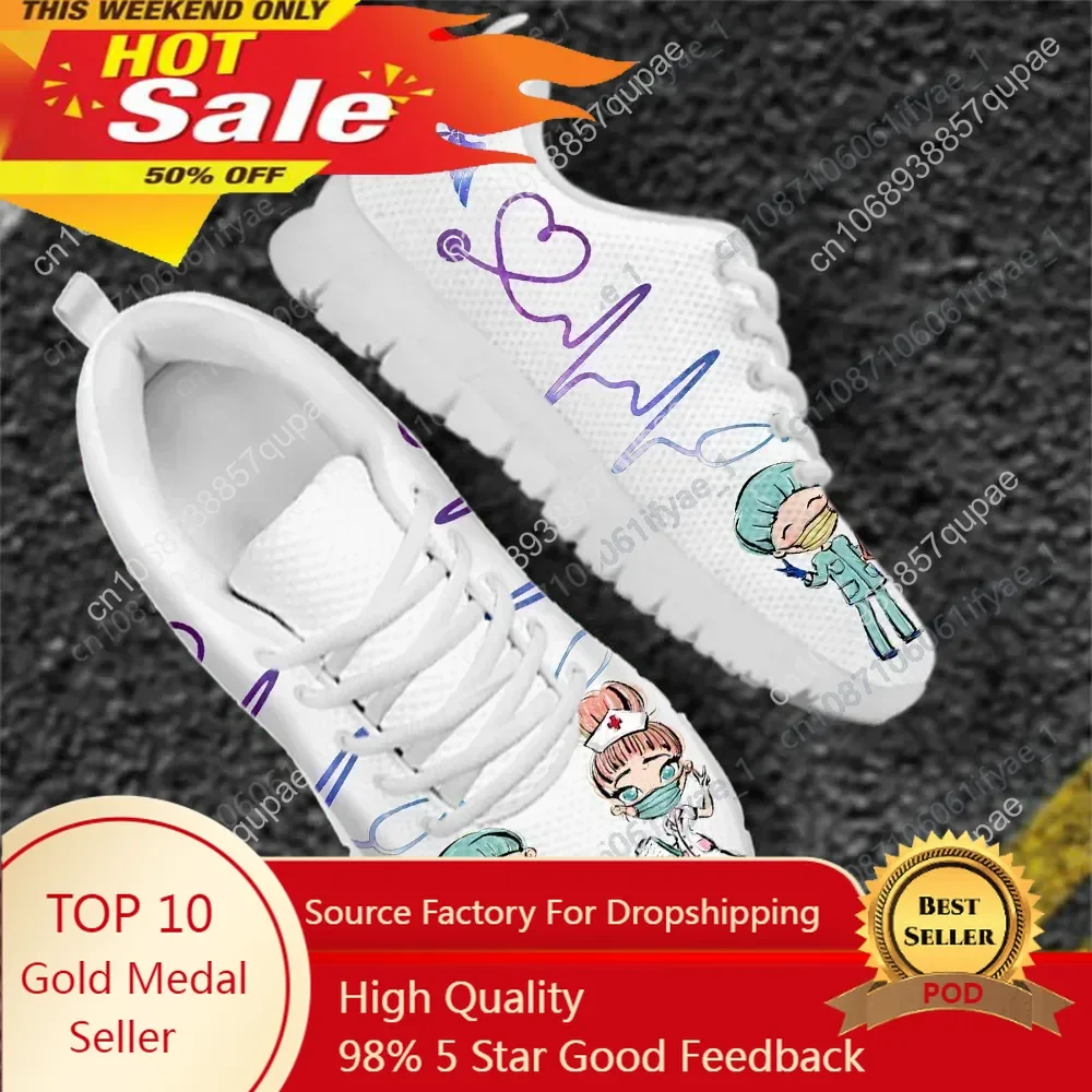 Brand Design Cartoon Nurse Doctor Heartbeat Medical Sneakers Lace Up Flat Shoes Physician Nursing Shoe Mesh Footwear
