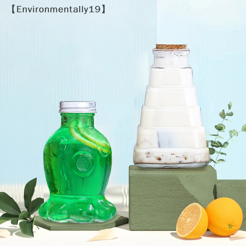 〔Envi〕300ml Glass Transparent Juice Bottle Jars With Aluminum Bottle Cap Snowman Octopus Pyramid Glass Bottle