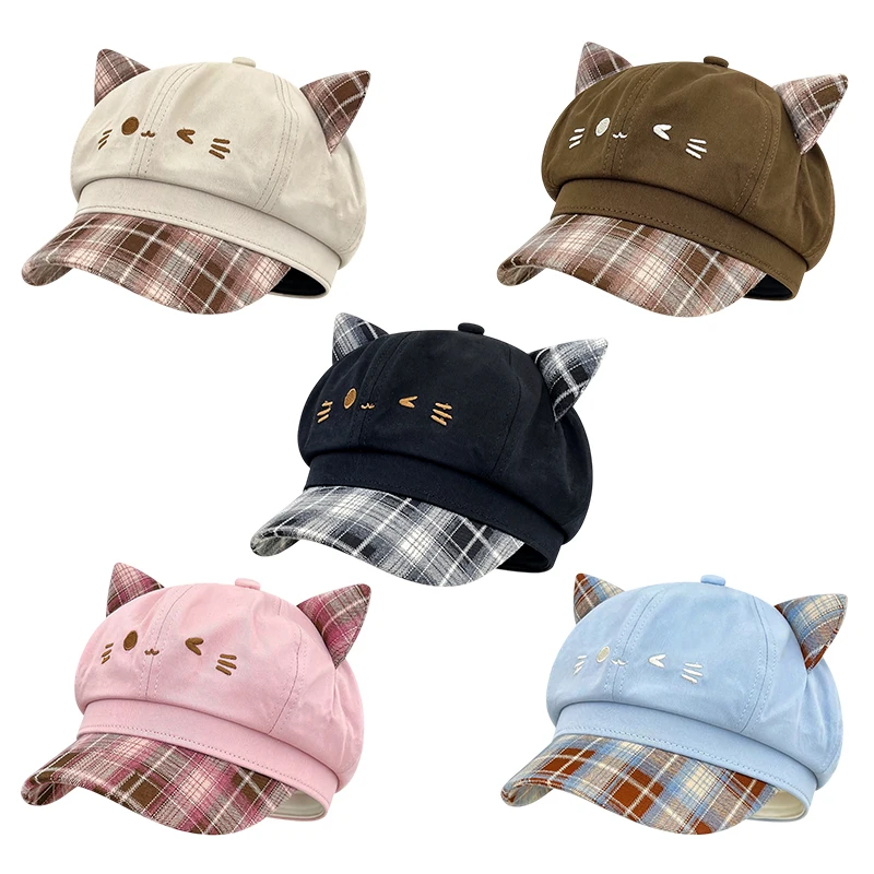 Women's Cute Cat Ear Octagonal Newsboy Caps Fall and Winter Spliced Plaid Cat Face Embroidery Octagonal Cap Hats