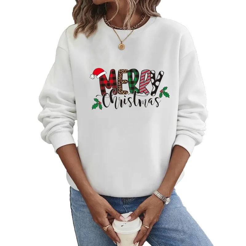 Crew-neck Hoodie Christmas Long-sleeved Hot Plaid Letter Print Sweatshirt  Women Clothing  Sweatshirts  Streetwear Women