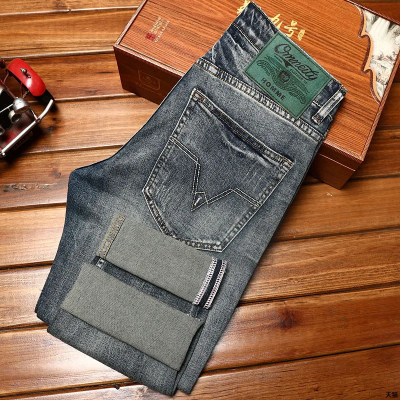 Vintage Blue Jeans Men's Classic Versatile Work Business Trends Loose Elastic Pencil Pants Embroidery Washed Men's Trousers