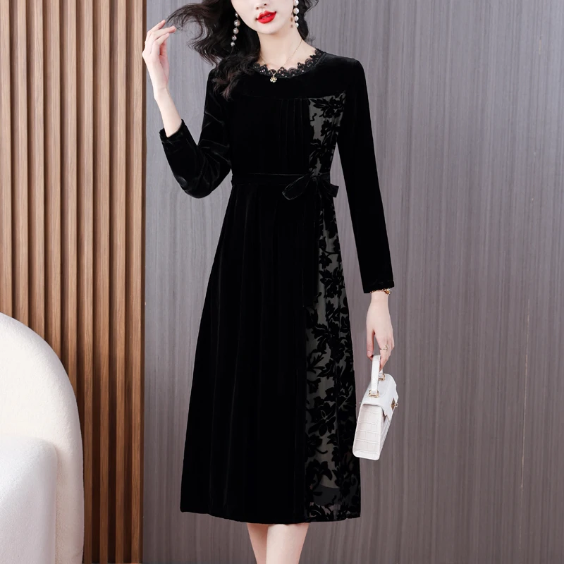 

Autumn Winter Black Velvet Burn Out Chic Long Dress Korean Vintage Luxury Dress Women Fashion Lace Elegant Vestidos