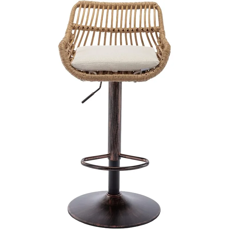 Rattan Bar Stools, Adjustable Barstools with Linen Cushion, 360° Swivel Bar Stool with Low Back & Footrest, Classical Barstool