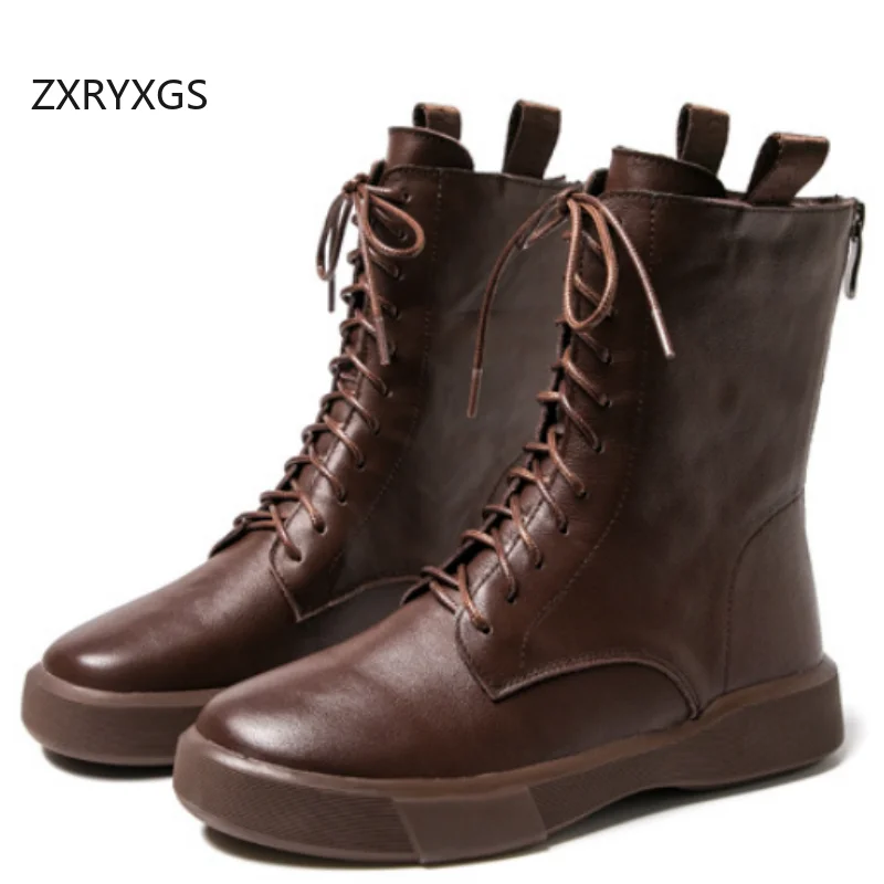 

ZXRYXGS British Style Top Cowhide Trendy Boots Single Shoes Flat Boots 2026 Cross Strap in-tube Autumn Winter Boots for Women