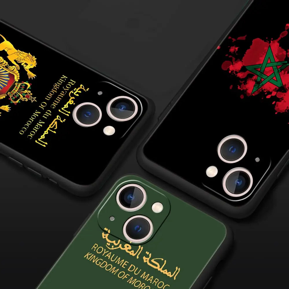 Morocco Flag Passport Luxury Phone Case For iPhone 13 15 14 12 11 Pro MAX XR X SE XS 7 8 Plus Silicone Black Cover Shell