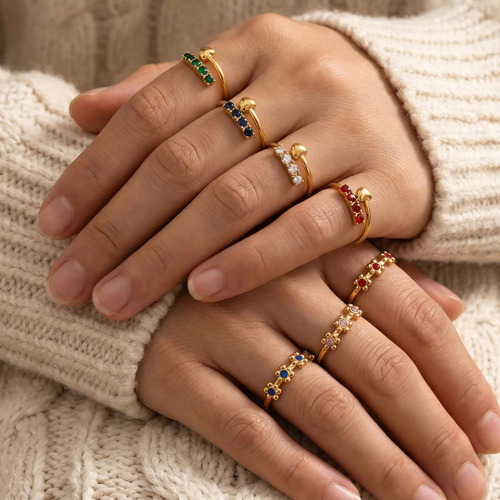 1 Stück Vergoldeter Edelstahlring für Frauen Bunter Zirkon Blumen-Herz Dünner Ring Stapelbarer Fingerschmuck Tägliches Tragen – Detail 2