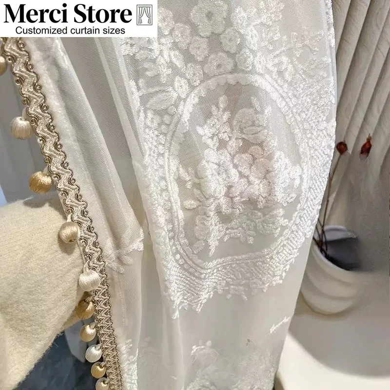 

European Embroidered Luxury White Tulle Beaded Tassels Thick Sheer Curtains for Living Dining Room Bedroom Window Decor Elegant