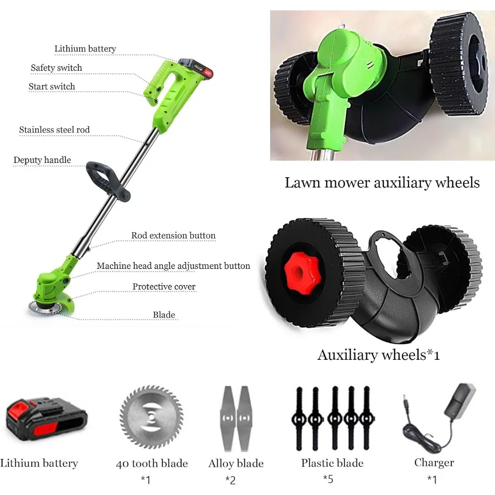 Draadloze telescopische elektrische grastrimmer met verstelbaar koord en extra wielen voor huishoudelijk gebruik in de tuin