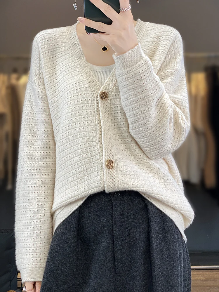 Fimora Women V-neck Hollow Cardigan Spring Autumn Cashmere Sweater Office Lady Grace Clothing 100% Merino Wool Knitwear Korean