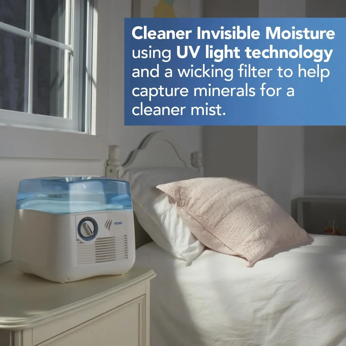 Cool Mist Humidifier with UV Light, Auto-Adjusts Humidity for Baby & Kids Rooms, Works with VapoPads