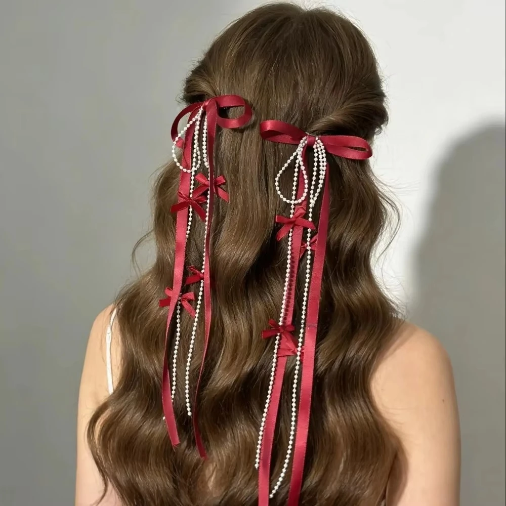 2Pcs Red Bow Ribbon Hair Clip for Women Bowknot Hairpins Hairpin New Headwear Gift Ponytail Side Lolita Hair Accessories