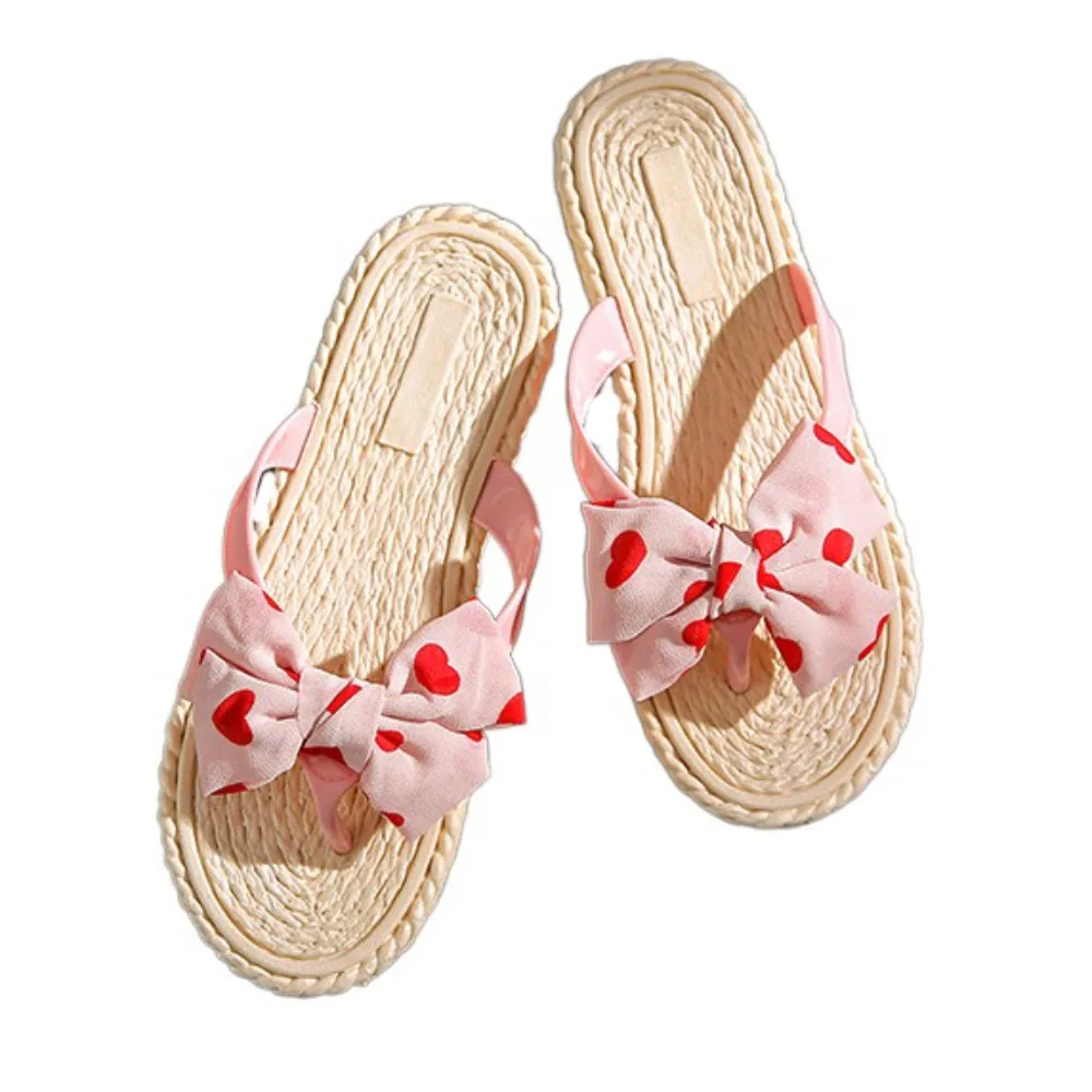 

Модные тапочки с мягкой подошвой и бантом в форме сердца, милые шлепанцы из ПВХ в богемном стиле, пляжная обувь, нескользящие тапочки на плоской подошве, женские летние тапочки