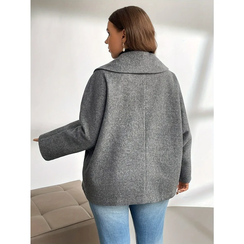 2025 Plus Size Solid Wool Blend Winter Coat: Elegant Double Pocket Overcoat with Warm Timeless Design for Women's Office Commute
