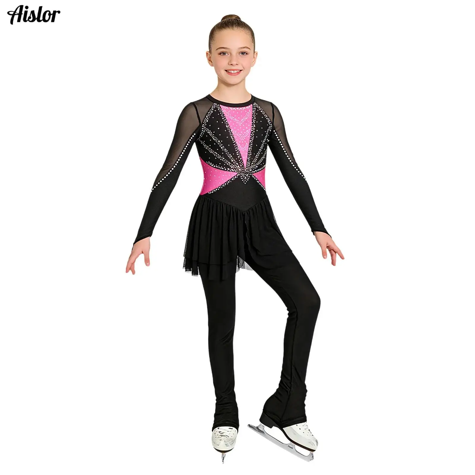 

Детский гимнастический купальник для девочек, цельный, с юбкой, со стразами, для фигурного катания, танцев и балета