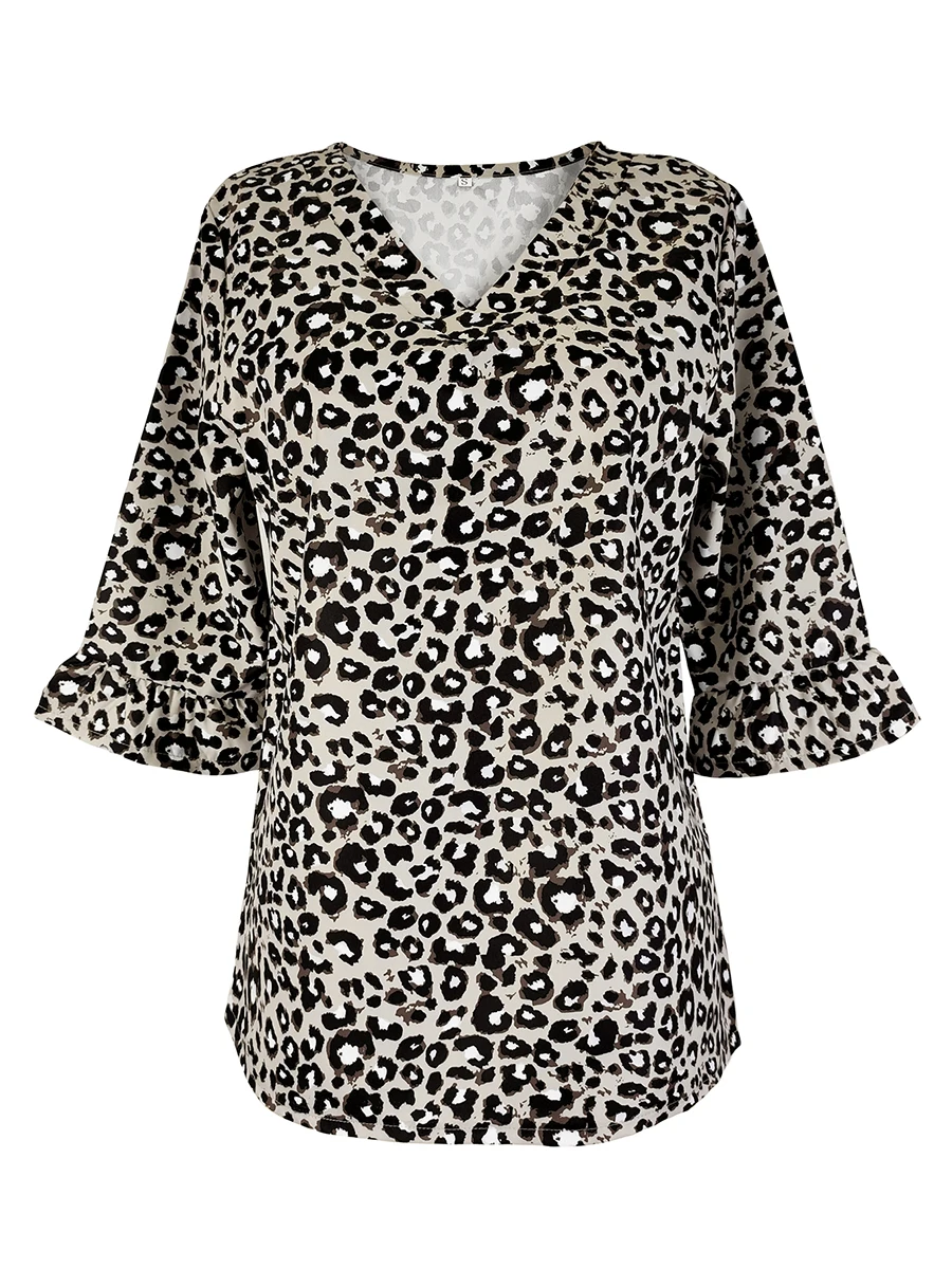 Neueste Übergröße Damen Leopardenmuster Bluse V-Ausschnitt Halber Rüschenärmel Lässiger Loser Pullover Elegante Modische Tunika-Oberteile – Detail 2