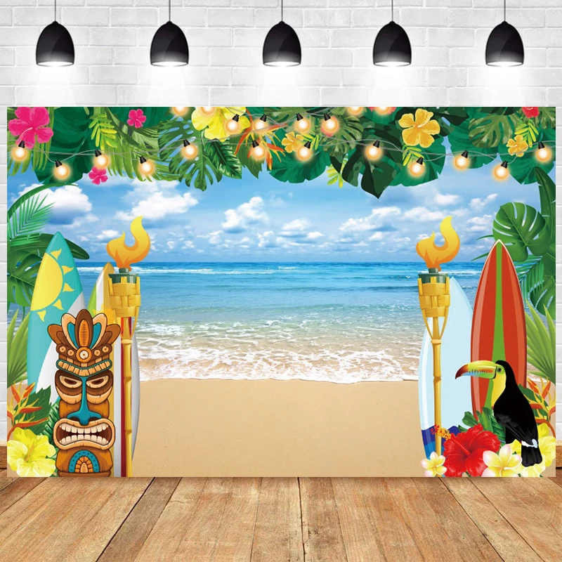 

Summer Surfboard Shower Party Background Tropical Beach Hawaiian Aloha Sky Sea Backdrop Parrot Colorful Photo Decoration Props