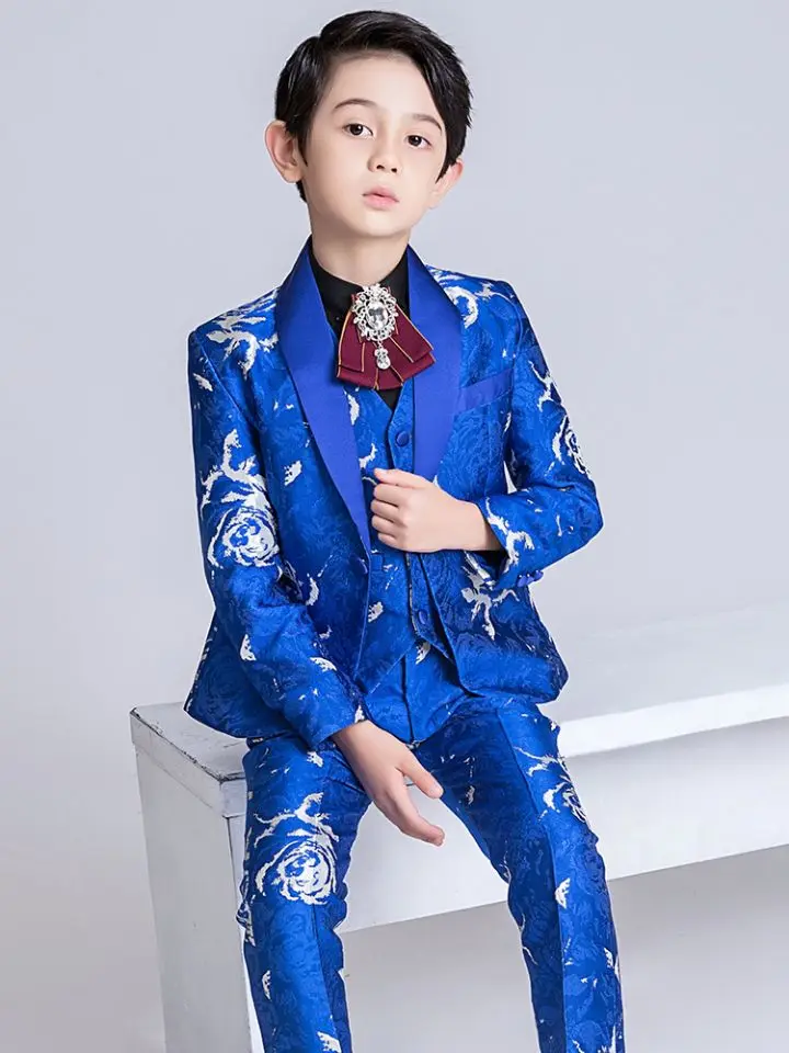 Royal Blue Floral Suit For Child Wedding Banquet Flower Kids Elegant Blazer Vest Pants School Party Custom Boys Fashion Outfits