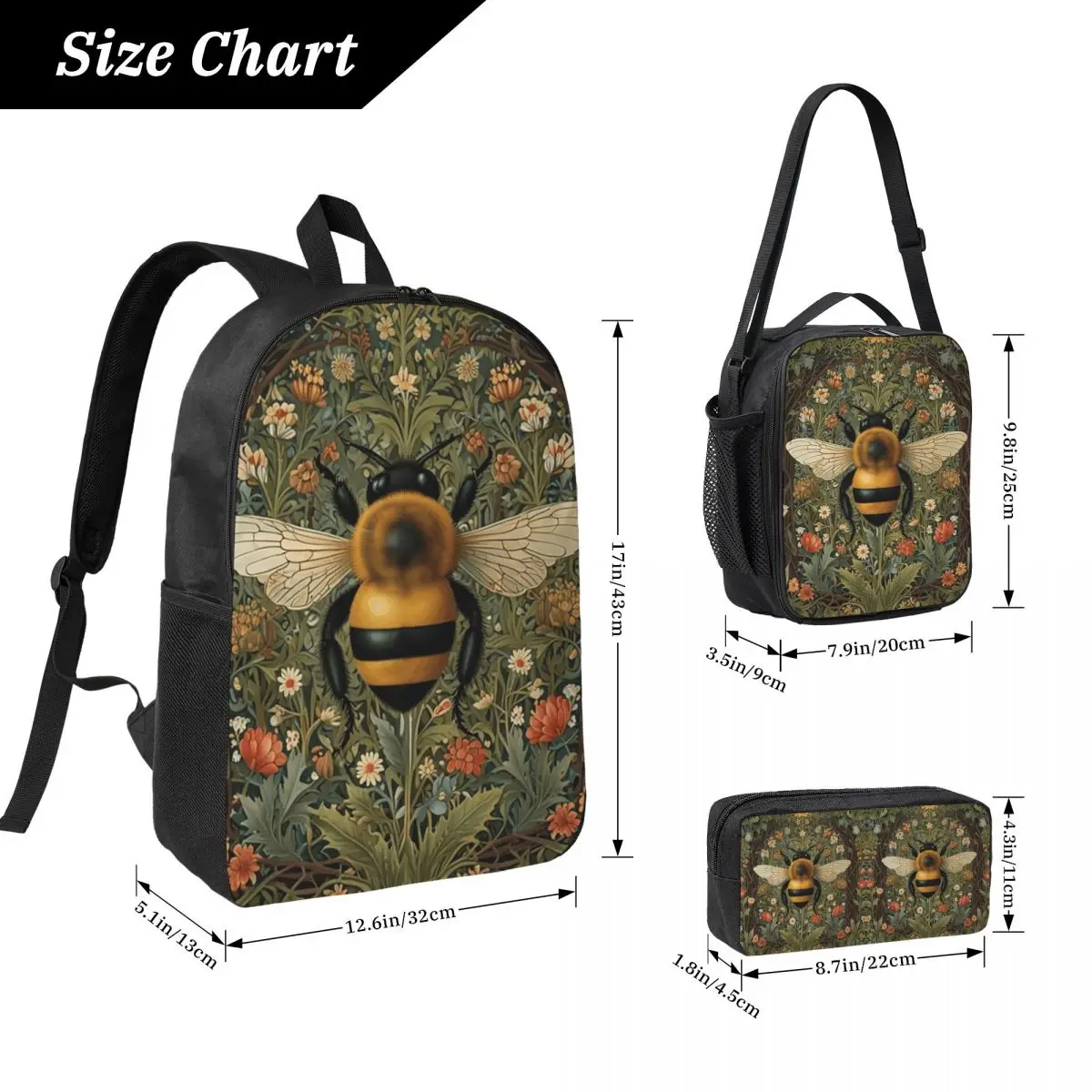 Bumblebee Botanical Gardens Floral Greenery Backpack BookBag School Bag Laptop Shoulder Bags 3ps Insulated Lunch Bag Pencil Case
