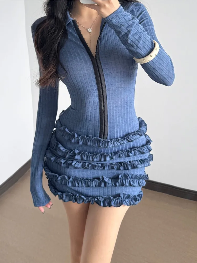 

Autumn Fashion Temperament Polo Collar Crochet Knitted Wooden Ear Long-sleeved Dress Women's Sexy Hot Girl Mid-waist Hip Skirt