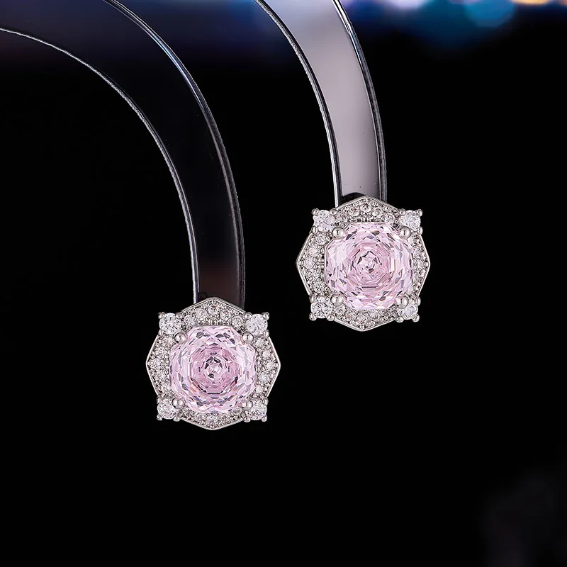 Rose Cut Octagonal Flower Zircon S925 Silver Needle Niche Design French Retro Earrings